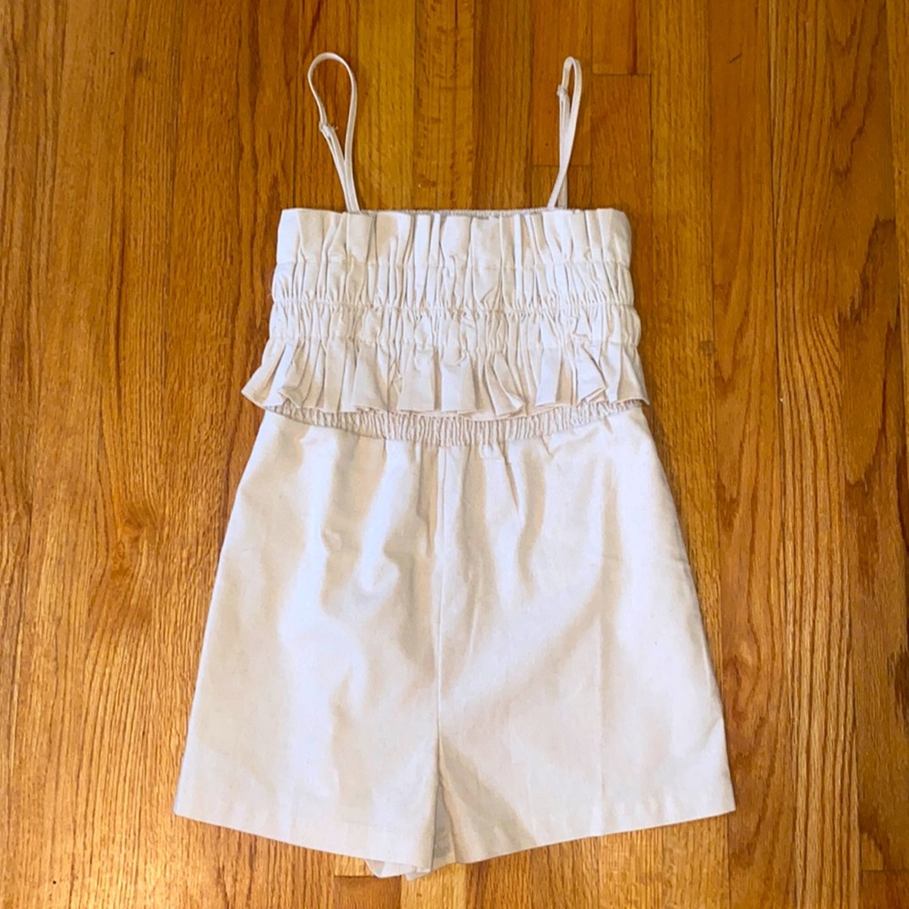 These Three Boutique Ruffled Top Linen Romper